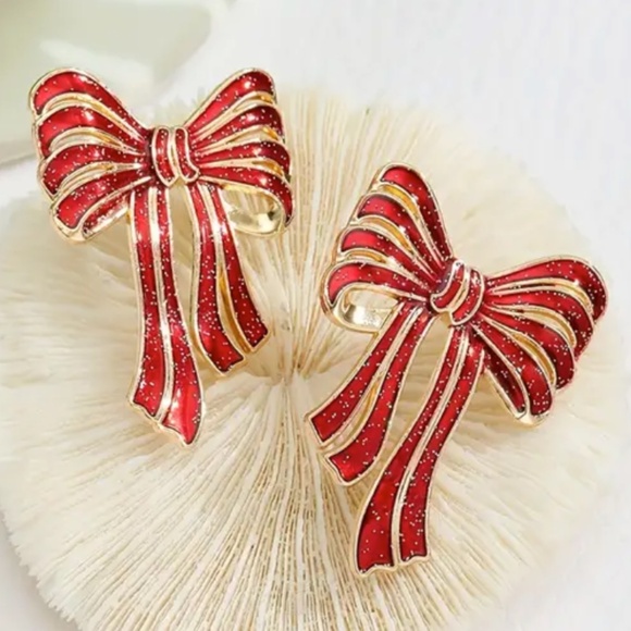 Jewelry - Red Bow Earrings - High-Quality Alloy with Oil Drop Design - about 2 inches long